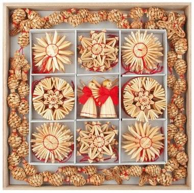 Slaměné dekorace v dřevěné krabičce 51ks s řetězem 2m